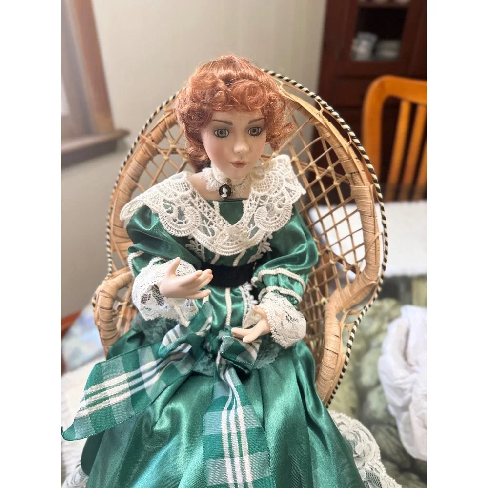 Victorian Porcelain Doll Emerald Green Lace Dress Wicker Peacock Chair 16in